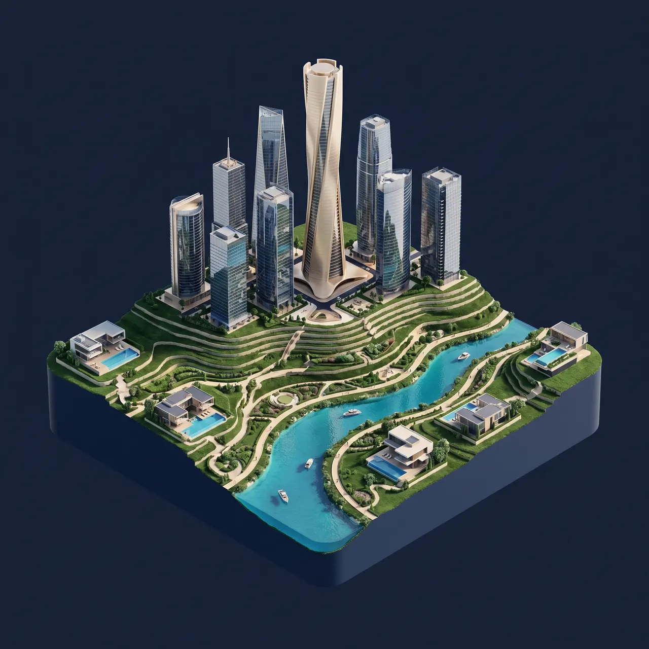 Investor Valley — luxury glass towers and villas in a green river valley